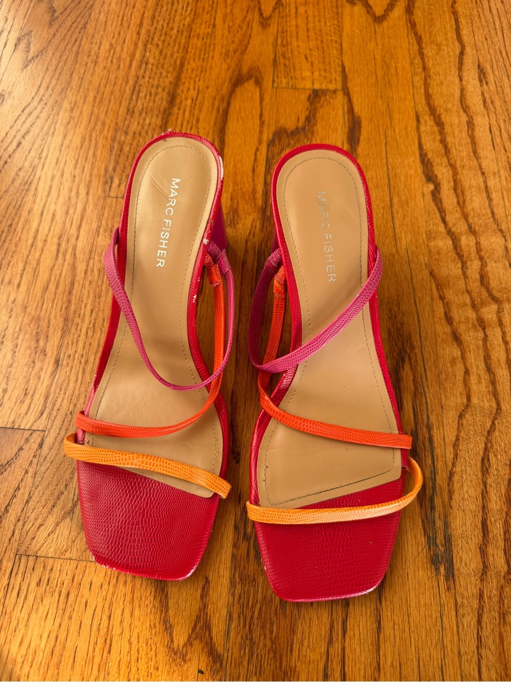 Marc Fisher Three-Tone Pink and Orange Strappy Slide Heels